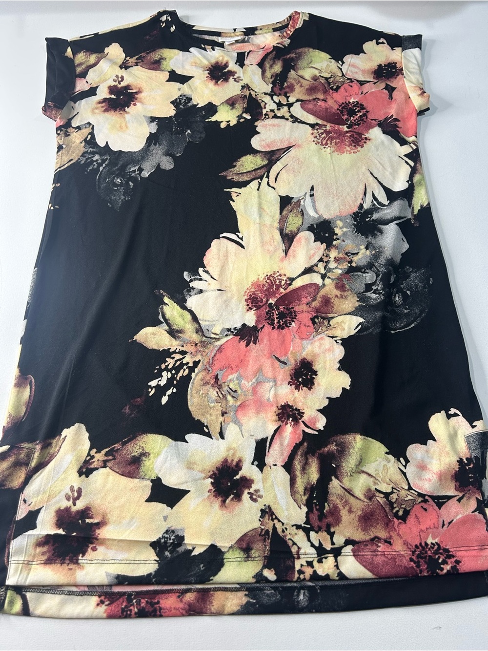 LuLaRoe Women's Midi Dress - Black with Cream & Pink Floral Print